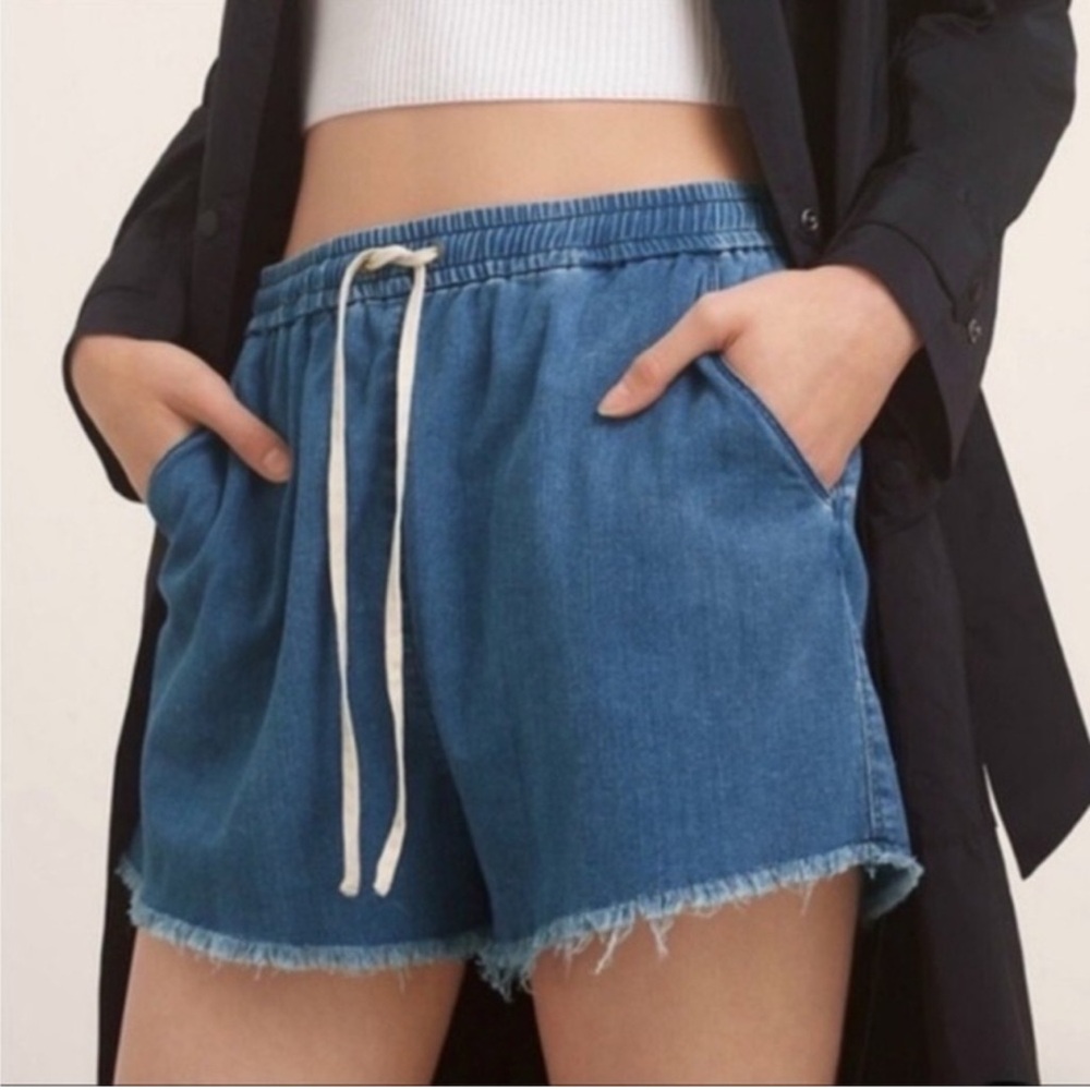 Wilfred Free Cotton Denim Frayed Drawstring Shorts